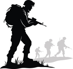 Naklejka premium Black Soldiers with Guns and Backpacks Silhouette, Vector Design