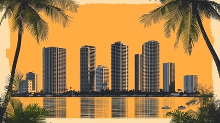 Stylized cityscape with palm trees and warm tones captures vibrant coastal urban landscape evoking tropical vacation vibe