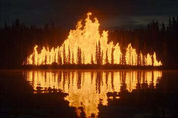 Fototapeta premium Fiery spectacle of a forest fire engulfing trees by a lake at night, reflected in the still water. A dramatic, surreal scene.