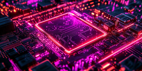 Obraz premium Glowing pink neon microchip on a futuristic circuit board. Suitable for technology, computing, and artificial intelligence websites and blogs.