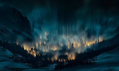 Enchanting night scene of a snow-covered mountain village nestled within a forest fire, ethereal glow illuminates the trees.