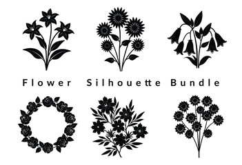 Big floral collections of black silhouettes of meadow herbs, floral backgrounds and wreaths. Wildflowers. Wild grass. Floral elements for your design. Vector illustration,Black silhouette of flowers