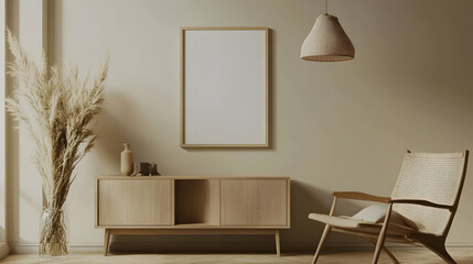 poster frame mockup in a modern living room interior with floor, wooden furniture, chair and cabinet.
