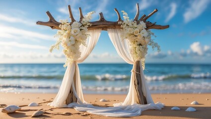 Beautiful beach wedding arch decorated with flowers and drapes along the shoreline at sunset