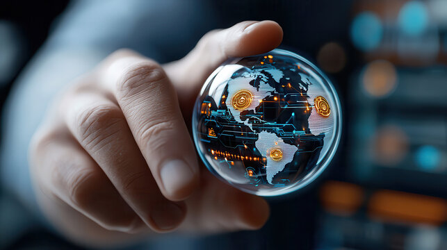 hand holds digital globe with holographic data overlays, symbolizing global connectivity and technological advancement. image conveys futuristic and innovative atmosphere