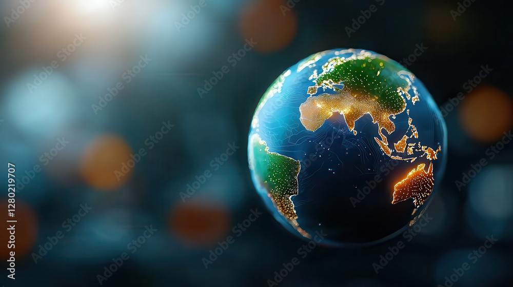 Poster digital holographic globe floats in cinematic world, illuminated with vibrant colors and intricate d