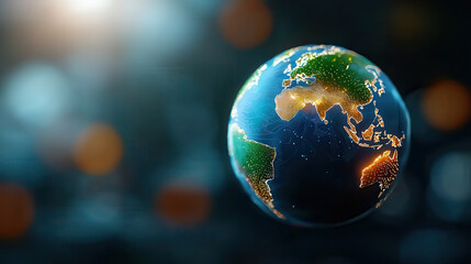 digital holographic globe floats in cinematic world, illuminated with vibrant colors and intricate details, symbolizing global connectivity and technology