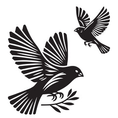 Obraz premium A minimalist, beautiful linocut illustration of a flying Grosbeak bird in silhouette. This black vector artwork captures the elegant form and graceful movement of the bird.