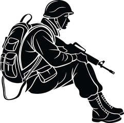 Black Soldiers with Guns and Backpacks Silhouette, Vector Design