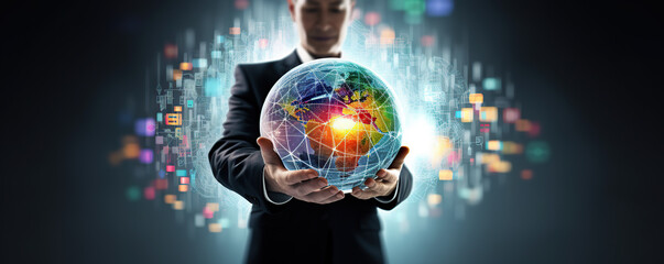 Business professional holds a glowing digital globe representing global connectivity and technology trends