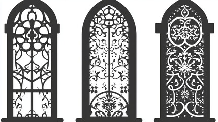 explore intricate gothic arch window design with floral patterns and vintage victorian elegance in black and white for ornate decorative panels and laser cut templates