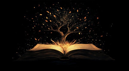 A tree growing from an open book, glowing at the top of its branches, against a black background with light shining on a white cloth around it.