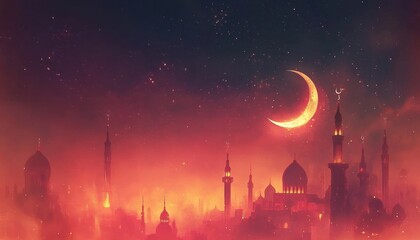 Fototapeta premium Red And Orange Night Cityscape With Crescent Moon And Stars