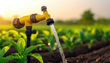 Sustainable water management concept. A yellow faucet irrigating vibrant green plants in a sunlit field.