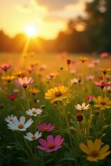 Obraz premium Golden hour illuminates a field of late blooming wildflowers , season, serenity, ethereal