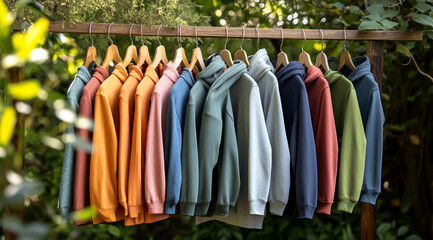 A variety of colorful hoodies hanging on wooden hangers, arranged in rows against the backdrop of greenery and trees,