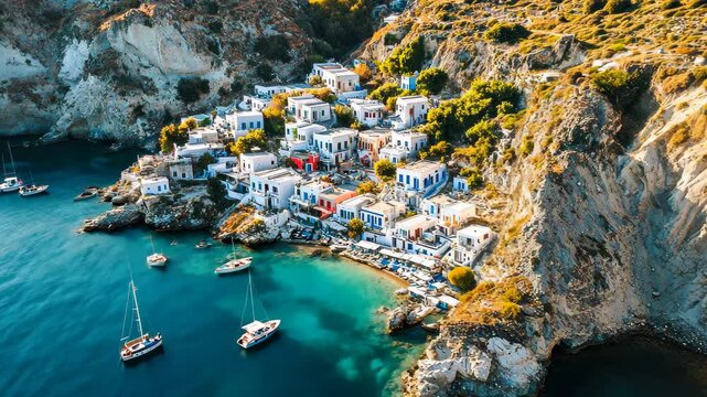 Stunning aerial view of Pollonia town on Milos island, showcasing vibrant architecture and crystal-clear waters, Aerial view of Pollonia town of Milos island in Greece