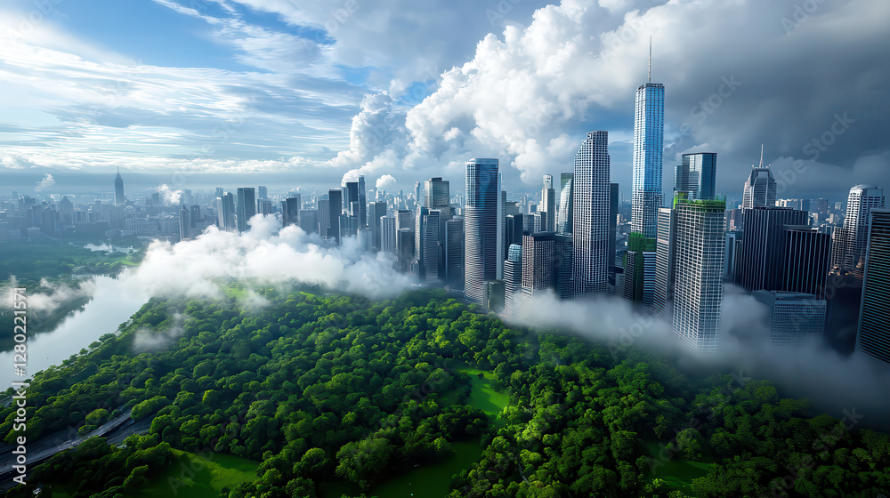 Poster futuristic cityscape with towering skyscrapers surrounded by lush greenery and misty clouds, creatin