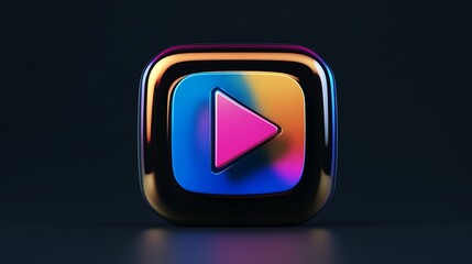 Iridescent Play Button: 3D Render on Dark Background AI Generated