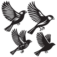 Fototapeta premium A minimalist, beautiful linocut illustration of a flying Grosbeak bird in silhouette. This black vector artwork captures the elegant form and graceful movement of the bird.