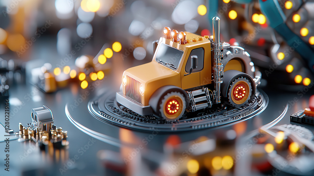 Poster miniature futuristic truck with glowing lights is displayed on high tech platform, surrounded by int