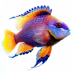 Colorful Tropical Fish: A Side-View of a Vibrant Tropical Fish with Orange, Yellow, Blue, and Purple Markings, Evoking Marine Life and Underwater Beauty.