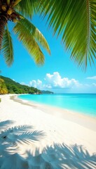 Sun-drenched white sand beach, turquoise water, palm trees , vibrant, shore, paradise