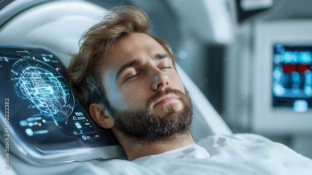 Aufkleber man peacefully rests in futuristic biohacking lab, surrounded by advanced digital wellness technolog