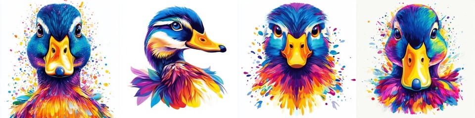 Naklejka premium Vibrant Ducks Portrait Collection Featuring Colorful Feathers and Expressive Faces Artistic Renderings