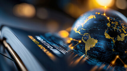 Fototapeta premium futuristic digital globe with glowing network connections rests on open book, symbolizing intersection of technology and knowledge in modern world