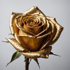 A single golden rose covered in fine gold dust, sparkling under soft light on a white background.