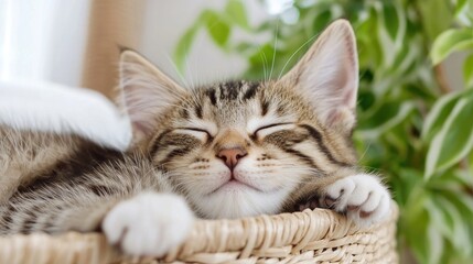 Sleepy kitten in a wicker basket