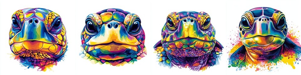 Fototapeta premium Colorful Turtles Heads Grouping in Artistic Renderings Close Up Marine Life Sea Turtle Heads