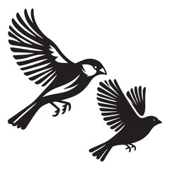 Naklejka premium A minimalist, beautiful linocut illustration of a flying Grosbeak bird in silhouette. This black vector artwork captures the elegant form and graceful movement of the bird.