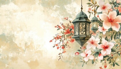 Watercolor Painting of Pink Flowers and Hanging Lanterns