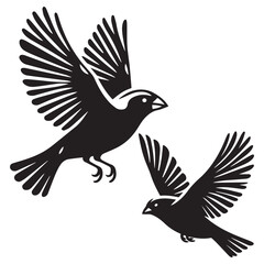 Naklejka premium A minimalist, beautiful linocut illustration of a flying Grosbeak bird in silhouette. This black vector artwork captures the elegant form and graceful movement of the bird.