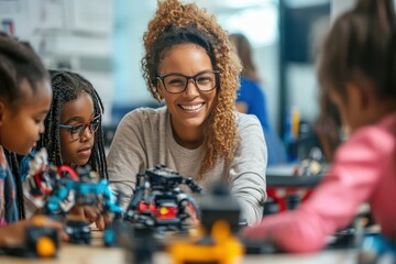 A motivational image of a female teacher inspiring young girls to pursue STEM careers as they work on innovative robotics projects