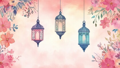 Watercolor Pink Floral Background with Hanging Ornate Lanterns