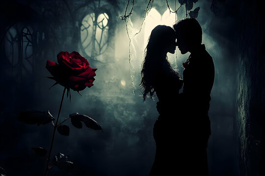 Silhouette of a loving couple embracing in a gothic romantic atmosphere