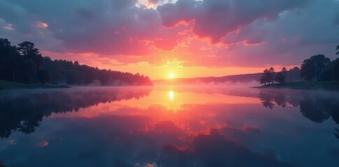 Fototapeta premium Serene sunrise paints the still waters of a small, empty lake, trees silhouetted on the horizon , wilderness, quiet
