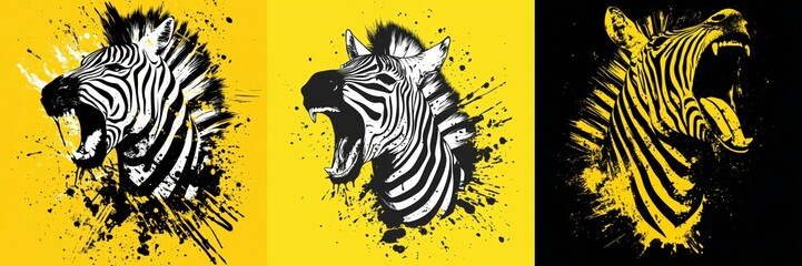 Three Artistic Zebra Heads in Roaring Expression on Striking Yellow and Black Backgrounds Design