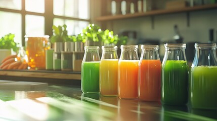 A variety of colorful smoothies in glass bottles