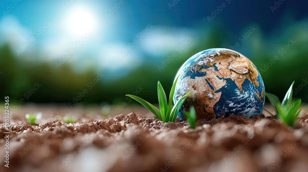 Poster hyper realistic image of earth partially submerged in soil with green plants growing around it, symb
