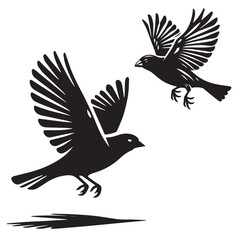 A minimalist, beautiful linocut illustration of a flying Grosbeak bird in silhouette. This black vector artwork captures the elegant form and graceful movement of the bird.