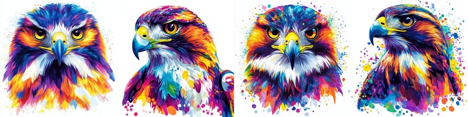 Obraz premium Vibrant Quartet of Hawk Portraits in Abstract Splatter Style Artistic Renderings Against White