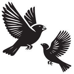 Obraz premium A minimalist, beautiful linocut illustration of a flying Grosbeak bird in silhouette. This black vector artwork captures the elegant form and graceful movement of the bird.