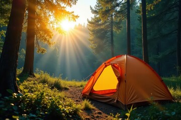 Bright sun on a dome tent in a lush forest clearing, beautiful, day, tent