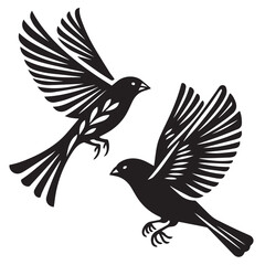 Obraz premium A minimalist, beautiful linocut illustration of a flying Grosbeak bird in silhouette. This black vector artwork captures the elegant form and graceful movement of the bird.