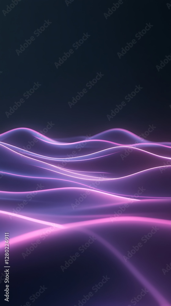 Poster a vibrant 3d landscape featuring layered neon waves, ideal for abstract and modern design applicatio