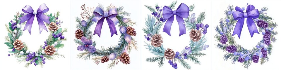 Four Purple Bow Festive Holiday Wreaths Adorned with Pine Cones and Blue Berries Artistic Design